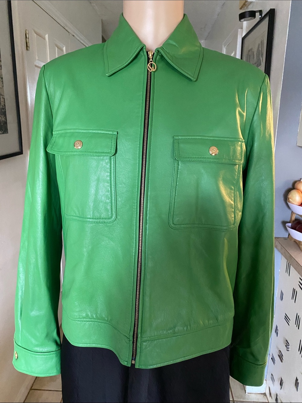 St. John Sport by Marie Gray Bright Green Leather Zip Jacket